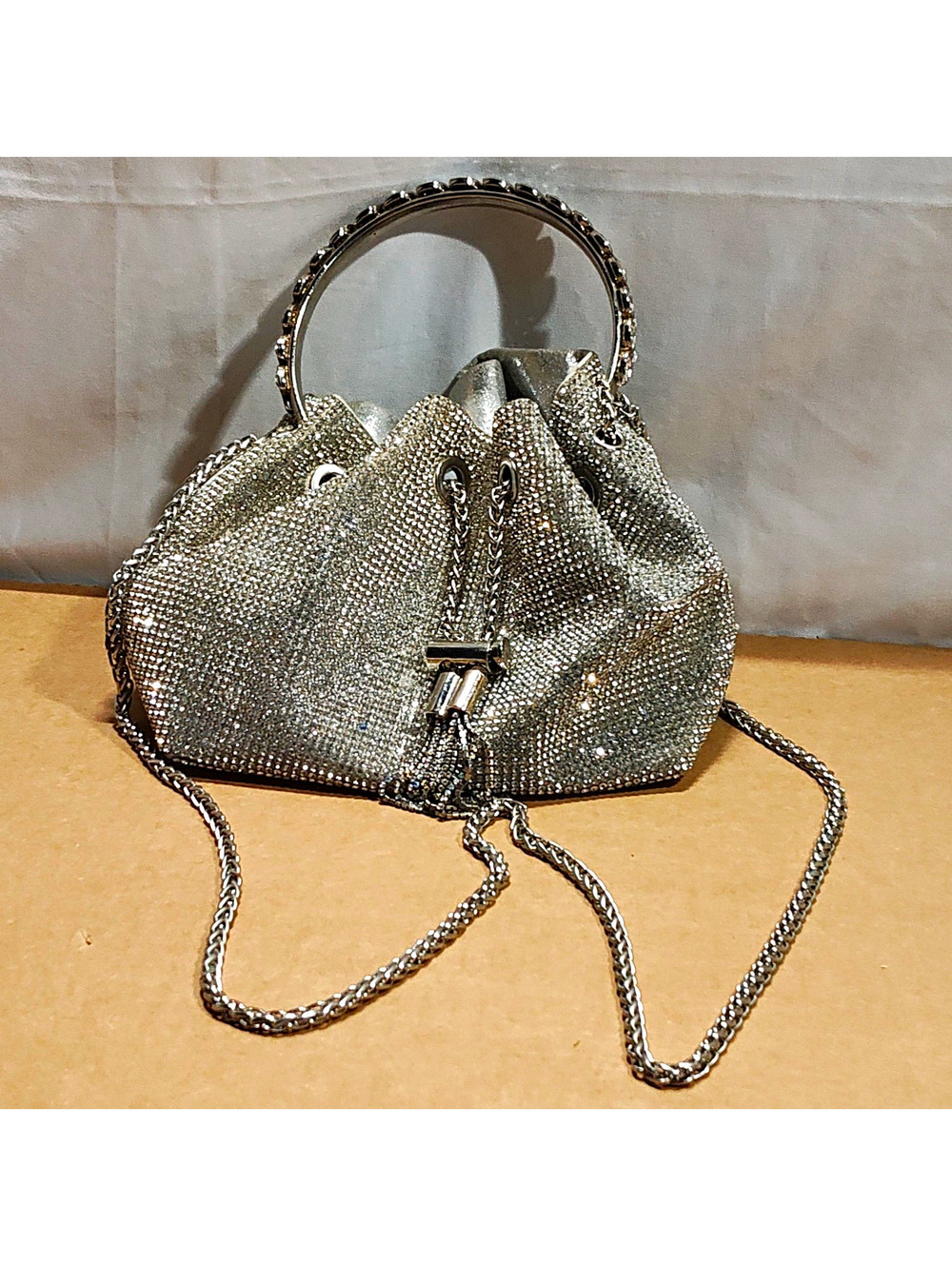 Silver Rhinestone Beaded Drawstring Bucket Bag Metal Top Handle Detachable Chain